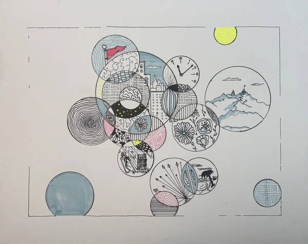 An ink drawing of overlapping circles, each holding a small world: a city skyline, a mountain range with a flag on the summit, a clock, flowers, a beach with a palm tree, a fan of arrows. Touches of pale blue, pink and yellow.