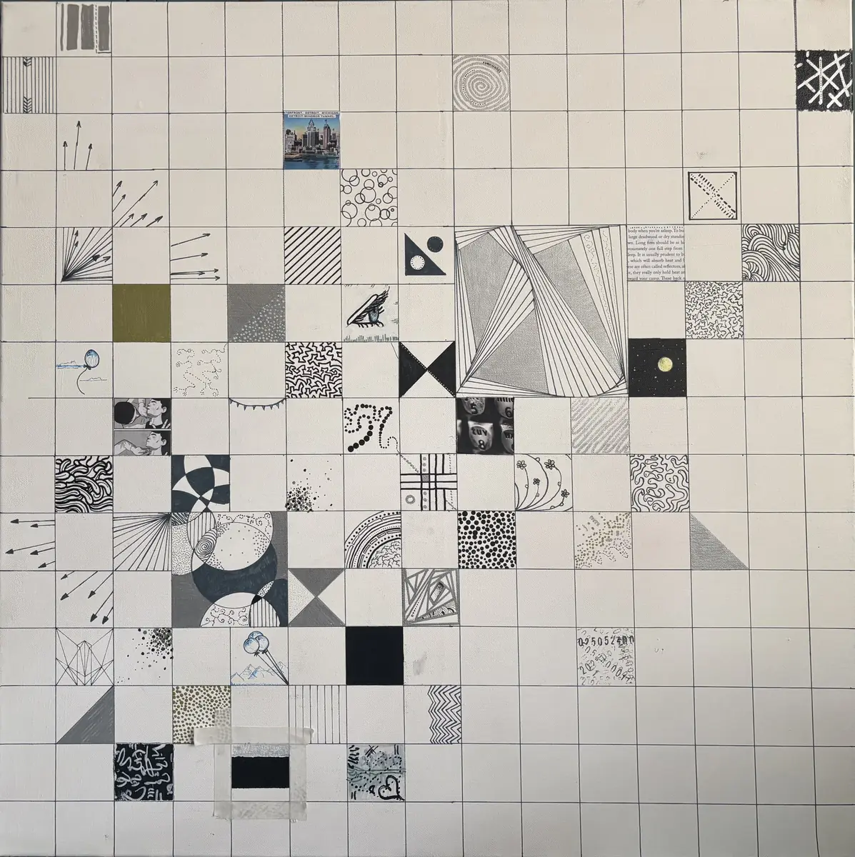 A large square canvas ruled into a grid, some cells filled with ink patterns, arrows, collage scraps and a tiny skyline, most left empty.