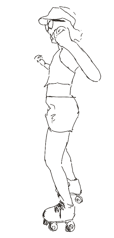 A hand-drawn line animation of a roller skater in a cap and sunglasses, spinning in place.