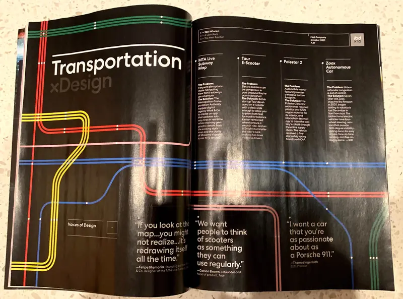 A Fast Company spread from October 2021, Transportation by Design, with subway-map lines running across black pages. First entry: the MTA Live Subway Map, by Work & Co.